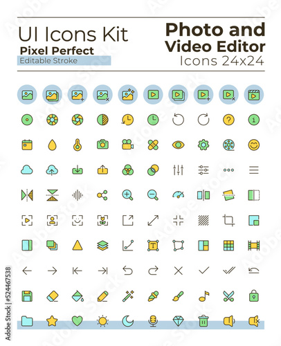 Photo and video editor tools pixel perfect RGB color ui icons set. Digital program. GUI, UX design for mobile app. Vector isolated pictograms. Editable stroke. Montserrat Bold, Light fonts used