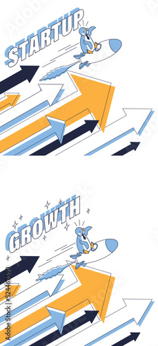 ビジネスパーソンがロケットに乗って成長していくイメージのアイソメイラスト