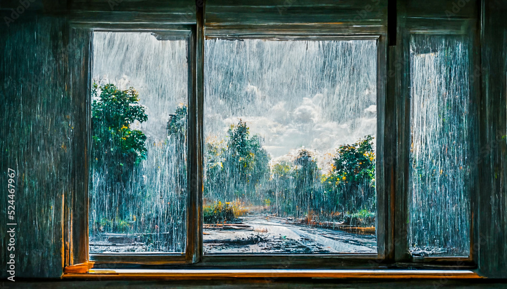 3D Render Digital Art Painting Of Rainy Window Window View With 3d-render-digital-art-painting-of-rainy-window-window-view-with