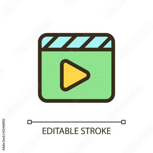 Video editing pixel perfect RGB color ui icon. Production process. Simple filled line element. GUI, UX design for mobile app. Vector isolated pictogram. Editable stroke. Arial font used