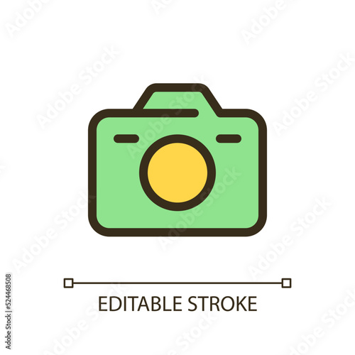 Camera pixel perfect RGB color ui icon. Digital, analogue. Photographic device. Simple filled line element. GUI, UX design for mobile app. Vector isolated pictogram. Editable stroke. Arial font used