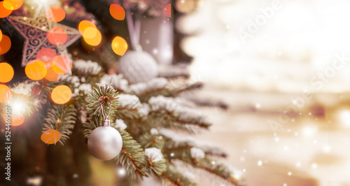 winter holidays landscape with decorated christmas tree