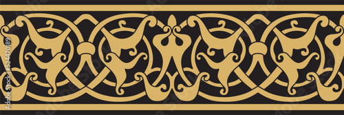 Vector golden seamless oriental national ornament. Endless ethnic floral border, arab peoples frame. Persian painting.