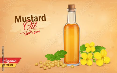 Mustard seeds and oil vector illustration with mustard plant flower on brown background