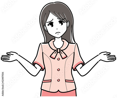 肩をすくめるオーバーブラウスの女性（シンプル・上半身）.