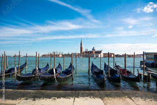 View of the Grand Canal and gondolas and San Giorgio Maggiore Church at Venice, Veneto, Italy. © MANTOVAN
