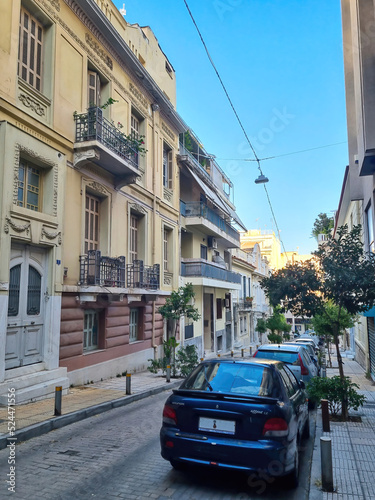 View of colorful houses at the narrow streets of the Greece.