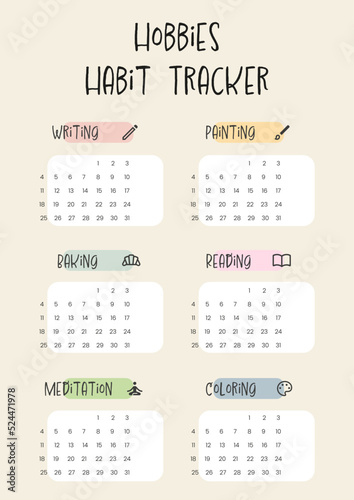 Hobbies habit tracker. Printable template. Vector illustration.