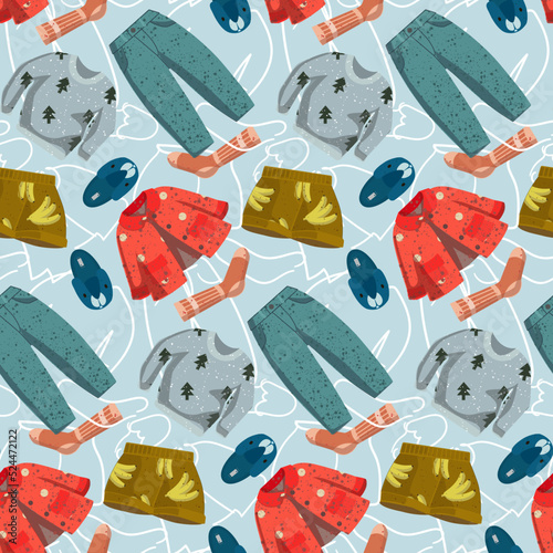 A pattern of clothes on the background of contour lines. Suitable for printing on textiles, paper. Packaging, print.