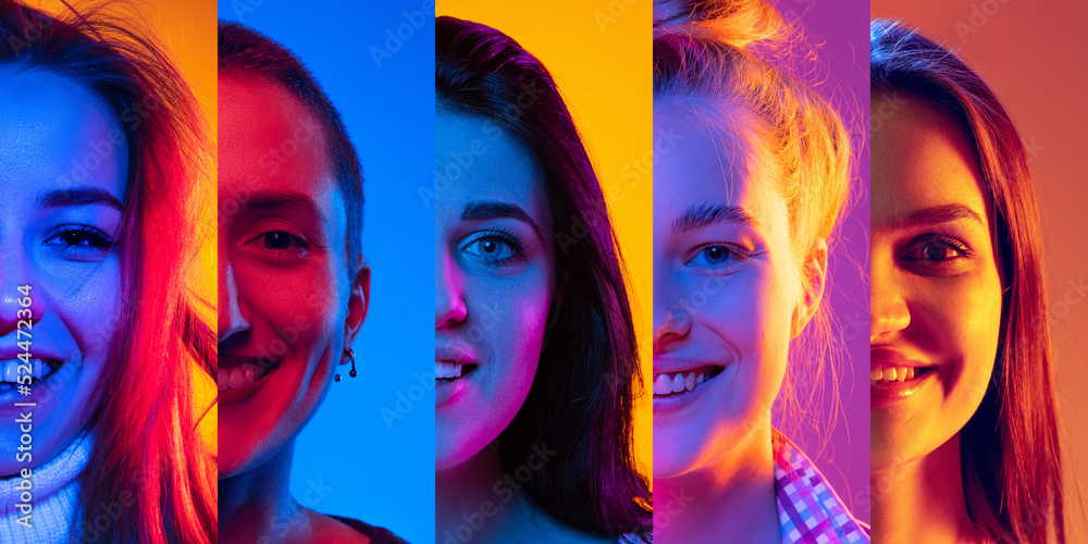 Fototapeta premium Happy smiling young people looking at camera on multicolored background in neon. Collage made of half of faces of male and female models.