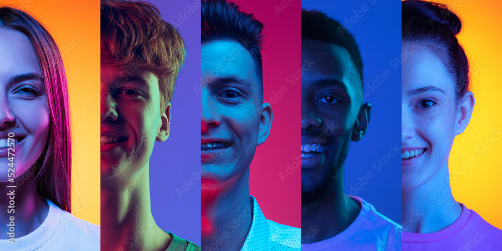 Fototapeta premium Happy smiling young people looking at camera on multicolored background in neon. Collage made of half of faces of male and female models.