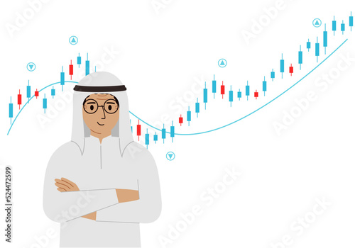 A arab man on the background of a Forex chart. Conceptual illustration on the topic of strategic planning in trading on the stock exchange.