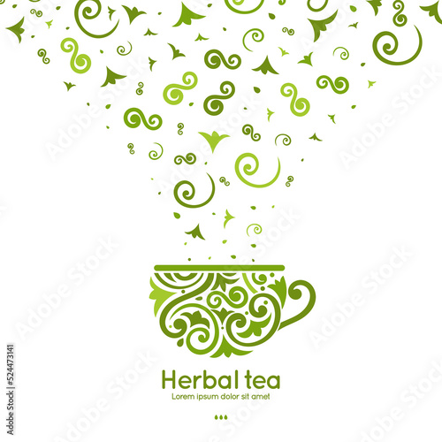 Green tea mug abstract design. Vector illustration. Can be used for drink  food and other packaging types. Great for logo  monogram  invitation  flyer  menu  brochure  background.