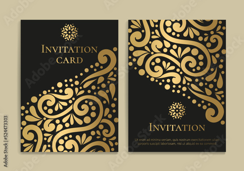 Black and gold luxury invitation card design with vector ornament pattern. Vintage template. Can be used for background and wallpaper. Elegant and classic vector elements great for decoration.
