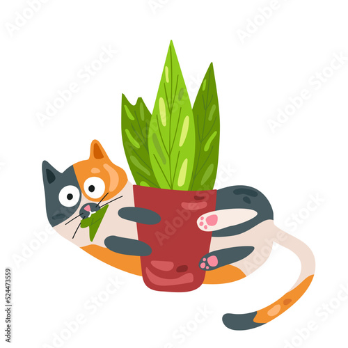 The spotted cat has bitten off a leaf of a flower and is playing around. Prankster cat. Vector illustration