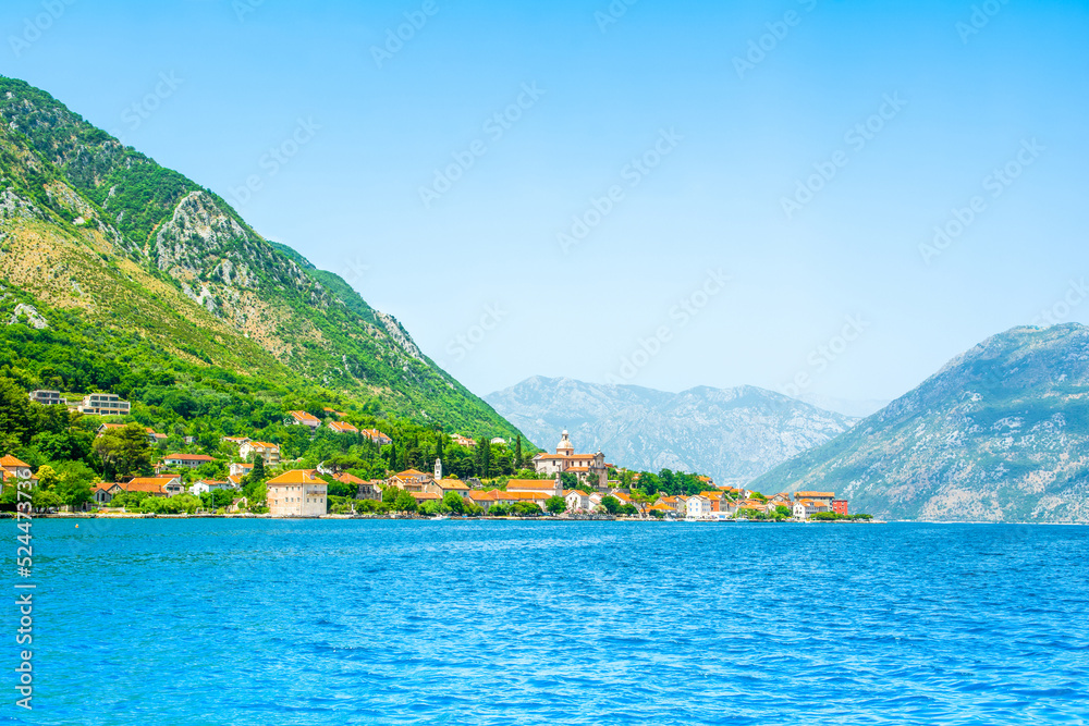 Panoramic landscape of the the historic town of Prcanj, Montenegro