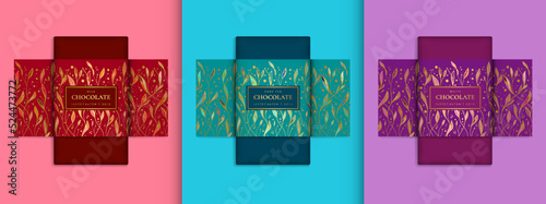 Colorful set of chocolate bar packaging design in abstract style. Vector luxury template with ornament elements. Can be used for background and wallpaper. Great for food and drink package types.