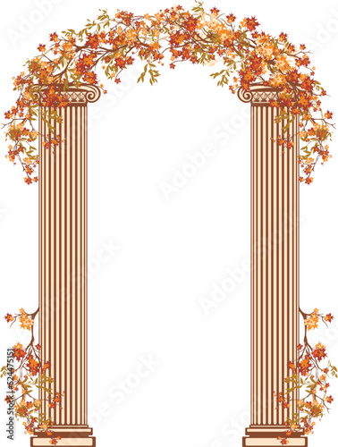 classic greek columns and autumn tree branches - antique pillars and fall season foliage forming passage vector design