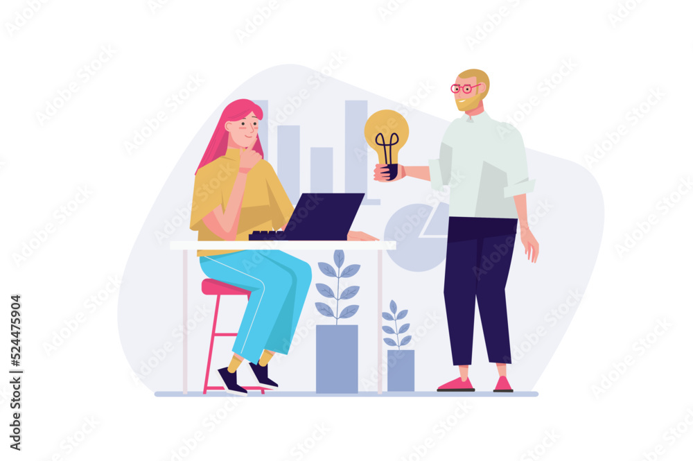 Business solution concept with people scene in the flat cartoon design. Employee offers business manager a solution that will help improve the company's work. Vector illustration.