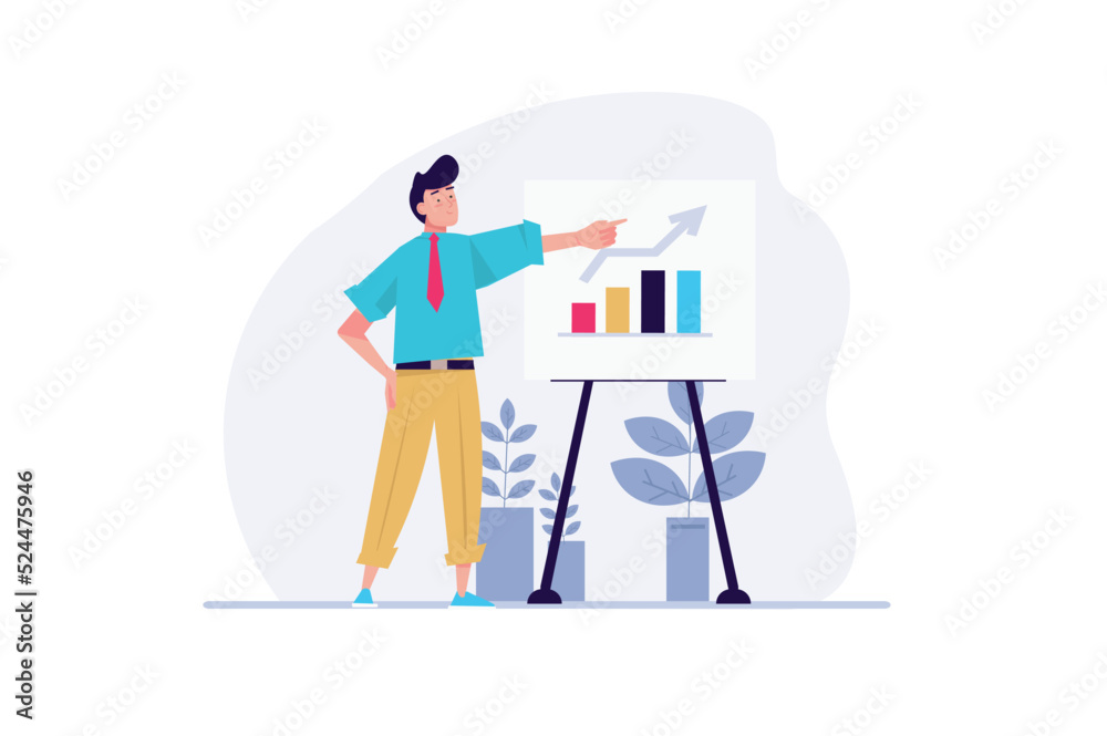 Business success concept with people scene in the flat cartoon style. Manager follows the development of the business plan using the data in the diagram. Vector illustration.