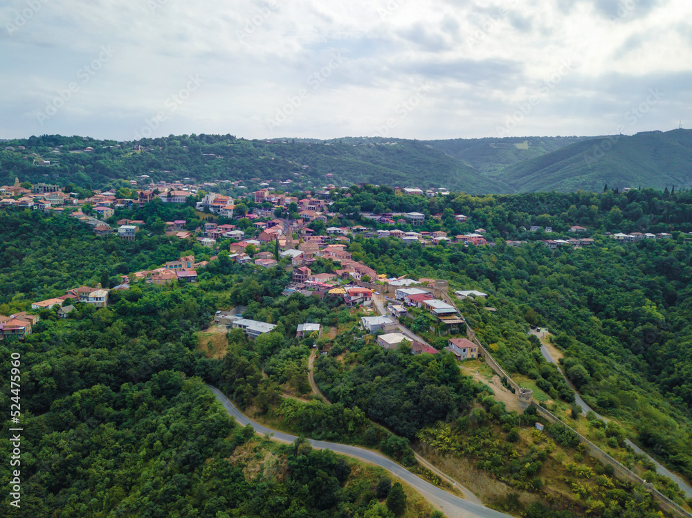 Drone view of the city of Sighnaghi on a cloudy summer day, Georgia