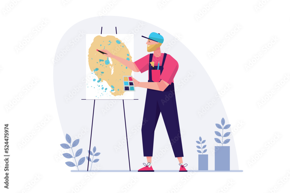 Concept Creative worker artist with people scene in the flat cartoon style. Artist is working on creating a new painting. Vector illustration.