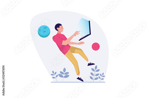 Cyberspace concept with people scene in the flat cartoon design. Man entered the cyber space with help of his laptop and digital technologies. Vector illustration.