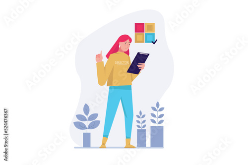 Concept Creative director with people scene in the flat cartoon style. Manager monitors the implementation of action for the realization of new project. Vector illustration.