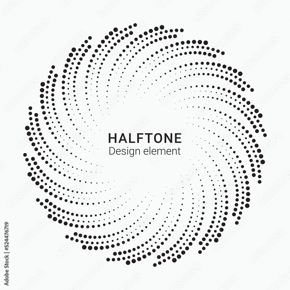 Halftone abstract spiral circular element. Halftone logo design. Vector art. Design element for various purposes. Halftone abstract spiral circular element. Halftone logo design. Vector art. Design element for various purposes.