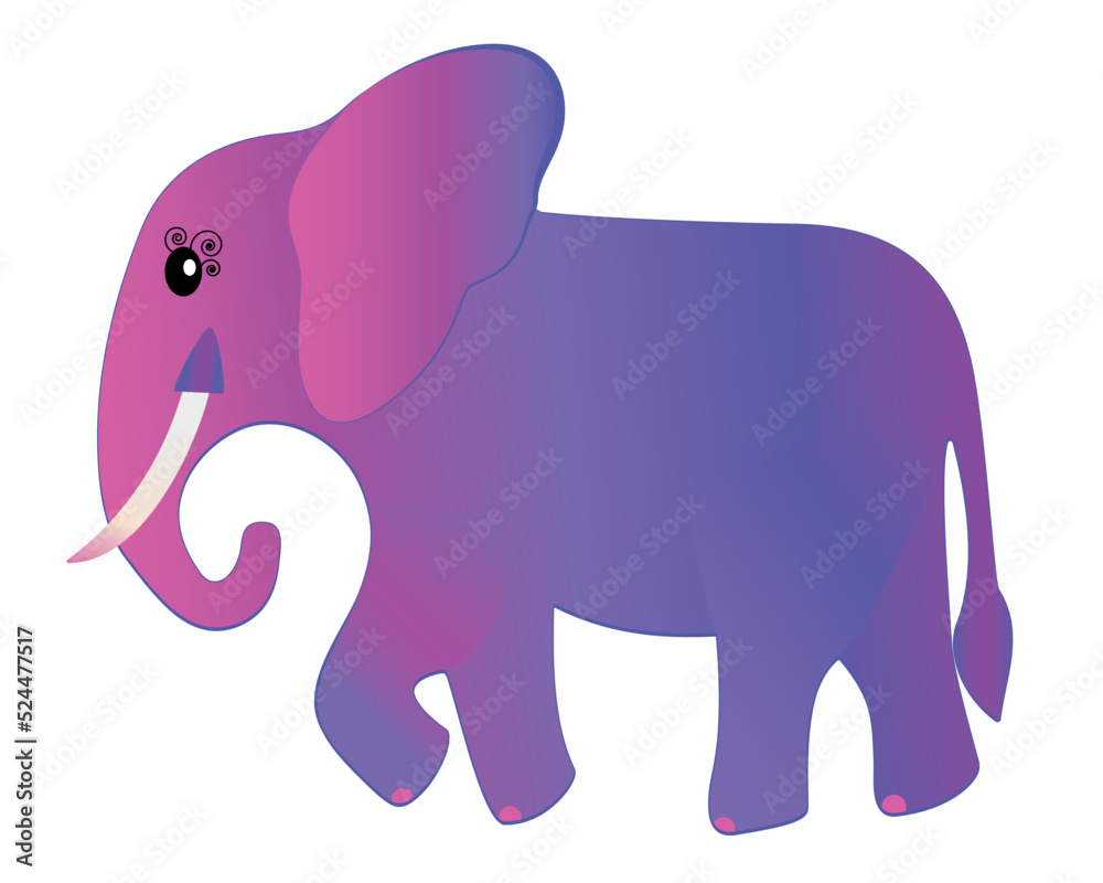 Purple elephant cartoon isolated on white. Sticker for children. Cute baby elephant painting. Baby t-shirt print. Walking African elephant. Colorful drawing vector illustration. Poster, icon, puzzles