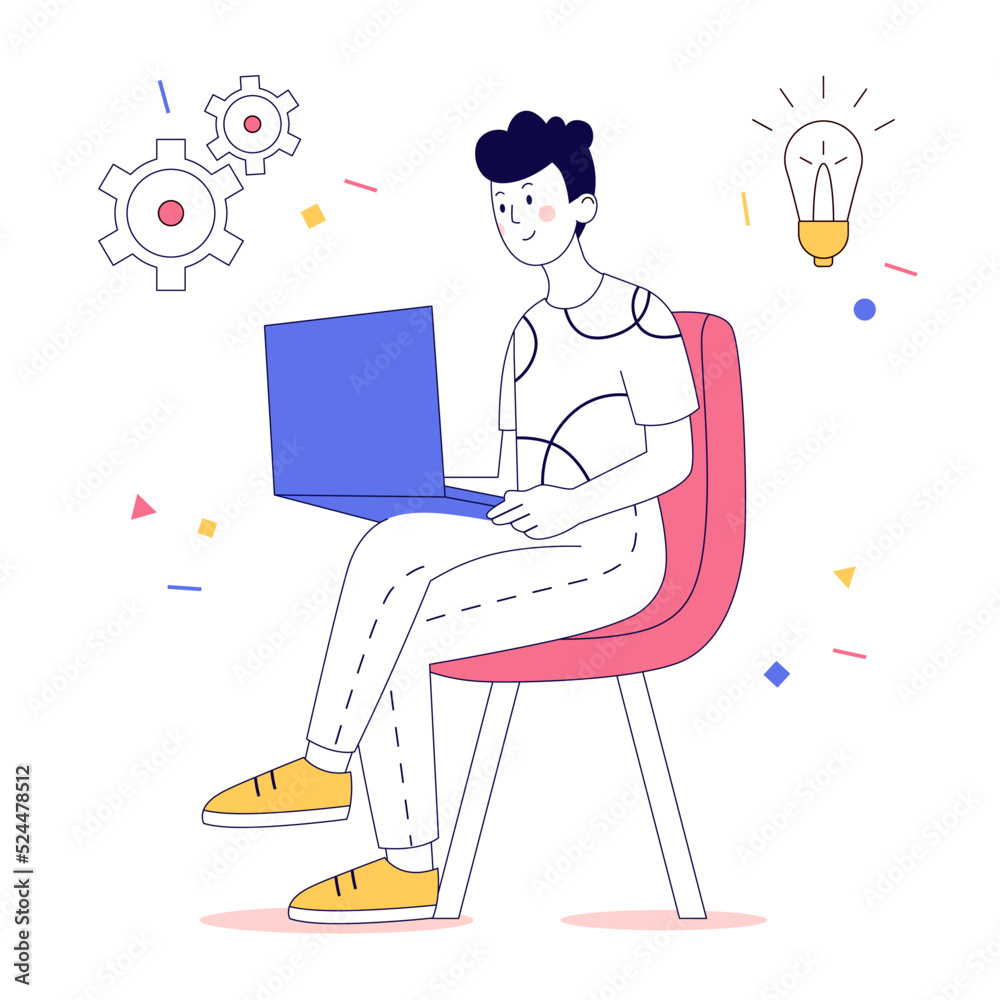 Man with laptop sits on chair. Concept of working, learning.