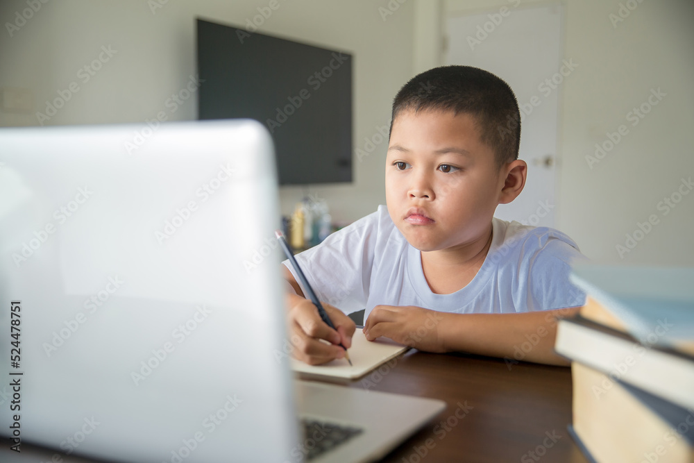Young student distance learning virtual distance online class on video call virtual lesson, technology studying at home using laptop computer. Parent or tutor teaching child boy with remote education. Young student distance learning virtual distance online class on video call virtual lesson, technology studying at home using laptop computer. Parent or tutor teaching child boy with remote education.