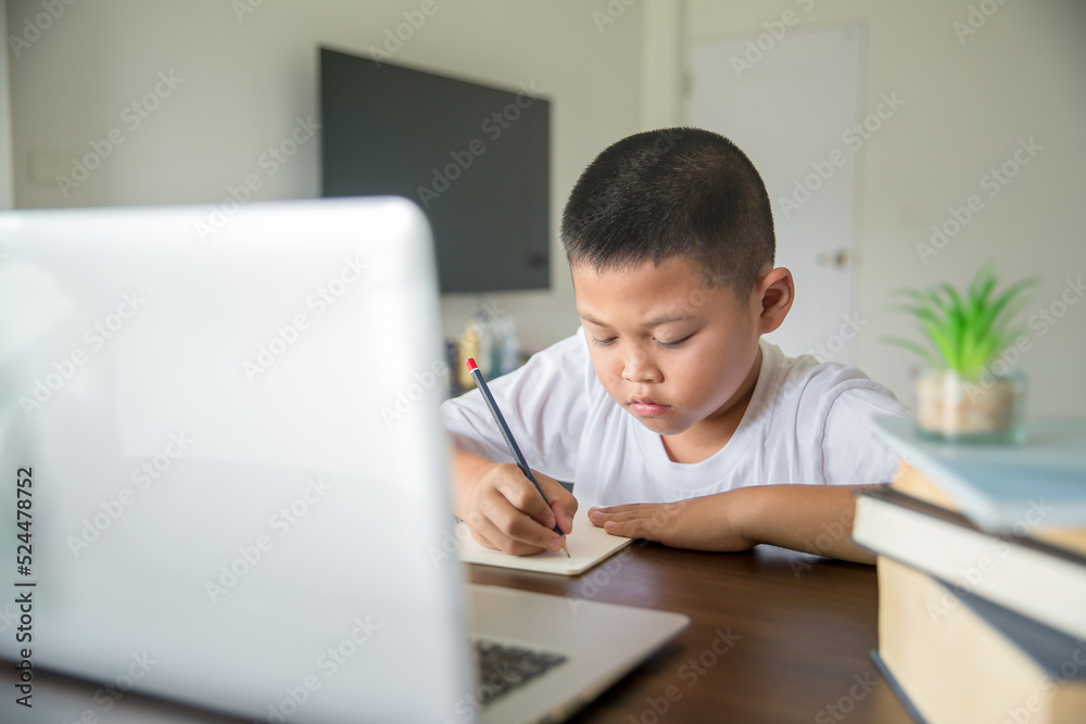 Young student distance learning virtual distance online class on video call virtual lesson, technology studying at home using laptop computer. Parent or tutor teaching child boy with remote education. Young student distance learning virtual distance online class on video call virtual lesson, technology studying at home using laptop computer. Parent or tutor teaching child boy with remote education.