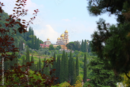 view through the trees at the New Athos monastery in the distance