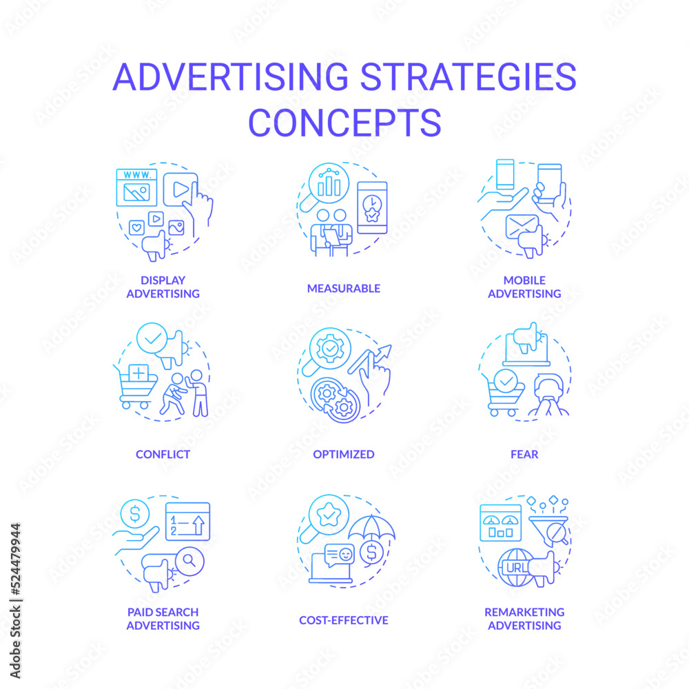 Advertising strategies blue gradient concept icons set. Marketing campaign idea thin line color illustrations. Mobile and display ads. Isolated symbols. Roboto-Medium, Myriad Pro-Bold fonts used