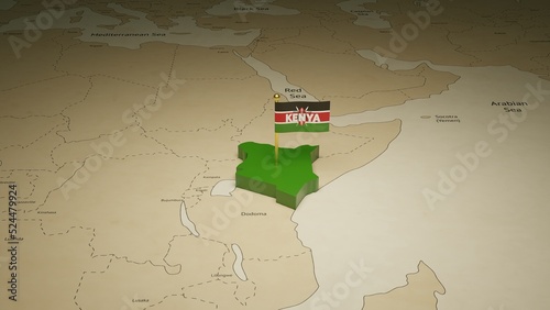 3d rendering independence day of Kenya national flag flying on country map on world