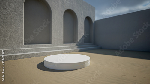 podium on sand beach for product placement 3d rendering