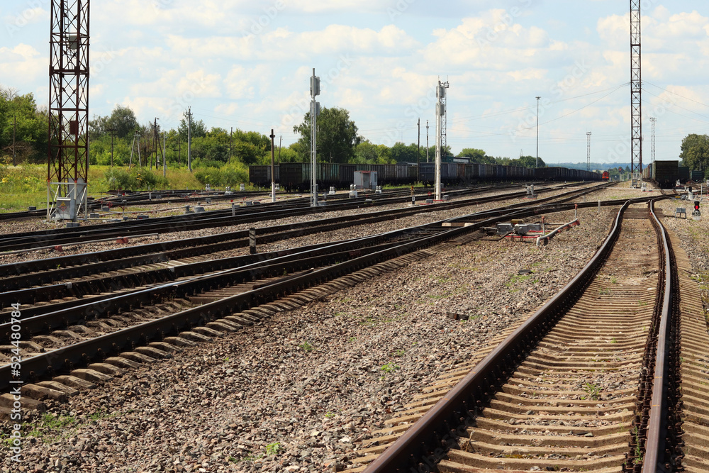 Fototapeta premium Railway tracks in the courtyard of the station. Outdated old freight train. selective focus
