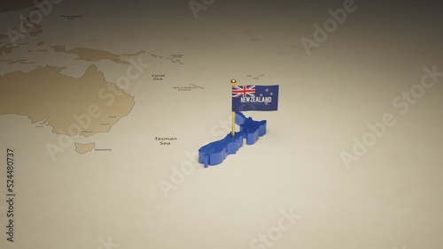 3d rendering independence day of New Zealand national flag flying on country map on world