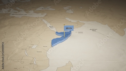 3d rendering independence day of Somalia national flag flying on country map on world