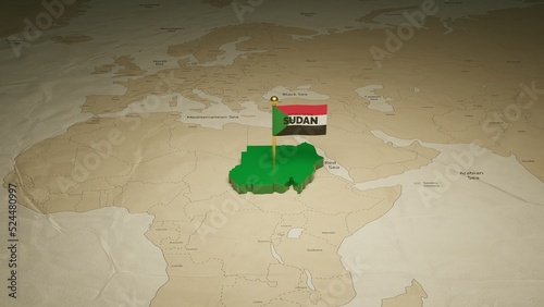 3d rendering independence day of Sudan national flag flying on country map on world