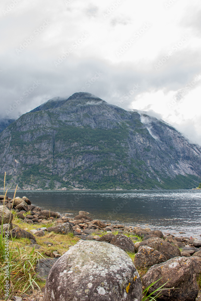 Panorama view of the Hardanger Fjord near Eidfjord Vestland in Norway (Norwegen, Norge or Noreg)