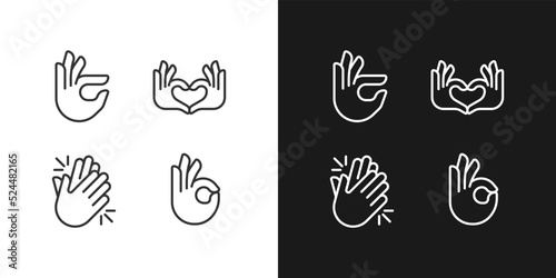 Body language signals pixel perfect white linear icon for dark themes set for dark, light mode. Hands gestures. Thin line symbols for night, day theme. Isolated illustrations. Editable stroke
