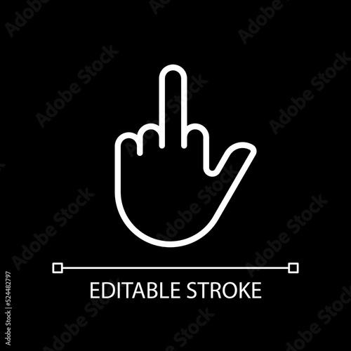Middle finger pixel perfect white linear icon for dark theme. Obscene hand gesture. Non verbal message. Thin line illustration. Isolated symbol for night mode. Editable stroke. Arial font used