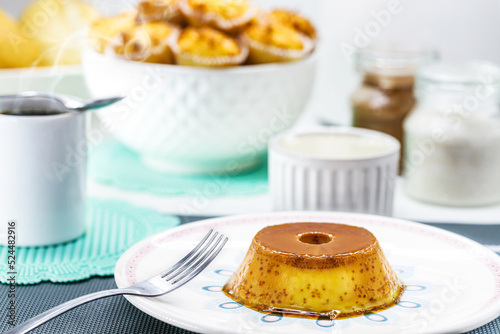 milk pudding, made with eggs and caramel, condensed milk, typical Brazilian dessert, homemade, afternoon coffee table