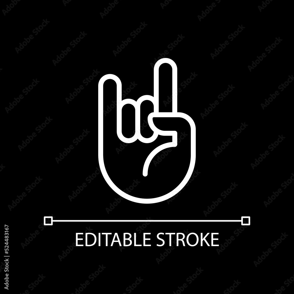Horn gesture pixel perfect white linear icon for dark theme. Punk subculture symbol. Expression. Body language. Thin line illustration. Isolated symbol for night mode. Editable stroke. Arial font used Horn gesture pixel perfect white linear icon for dark theme. Punk subculture symbol. Expression. Body language. Thin line illustration. Isolated symbol for night mode. Editable stroke. Arial font used
