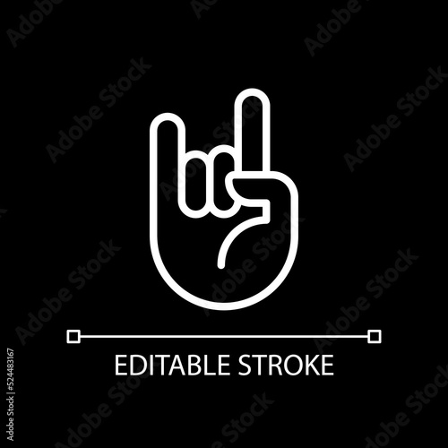 Horn gesture pixel perfect white linear icon for dark theme. Punk subculture symbol. Expression. Body language. Thin line illustration. Isolated symbol for night mode. Editable stroke. Arial font used