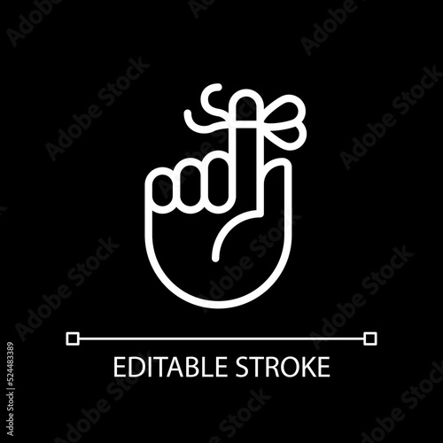 Knot on finger for memory pixel perfect white linear icon for dark theme. Rope tied around pointer. Thin line illustration. Isolated symbol for night mode. Editable stroke. Arial font used