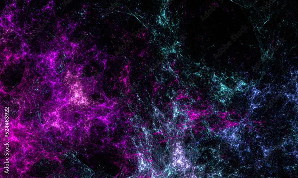 Fairy clusters of starry dust, galaxies, nebula or glowing milky way in violet blue colors. Artistic digital 3d representation of astrological aspect of being. Cosmic phosphorescent pattern.