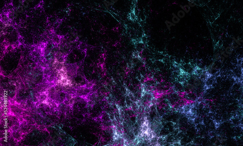 Fairy clusters of starry dust, galaxies, nebula or glowing milky way in violet blue colors. Artistic digital 3d representation of astrological aspect of being. Cosmic phosphorescent pattern.